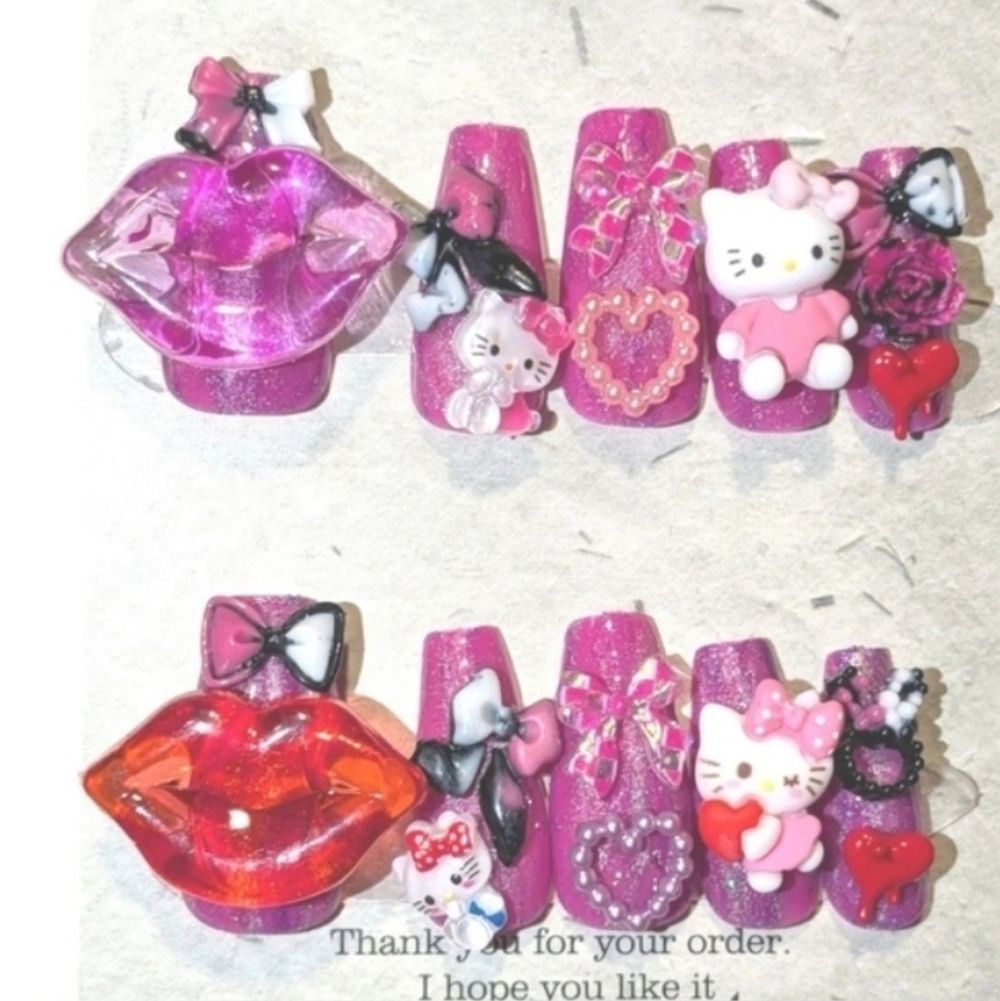 Hand CRAFTED Custom Pink Kitty Valentine's Day Acrylic Nail Set Sz L